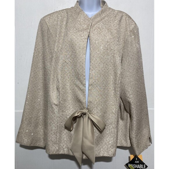 R&M Richards Jacket Womens 24W Champagne Glitter Open Front Tie Waist Evening - Picture 2 of 10
